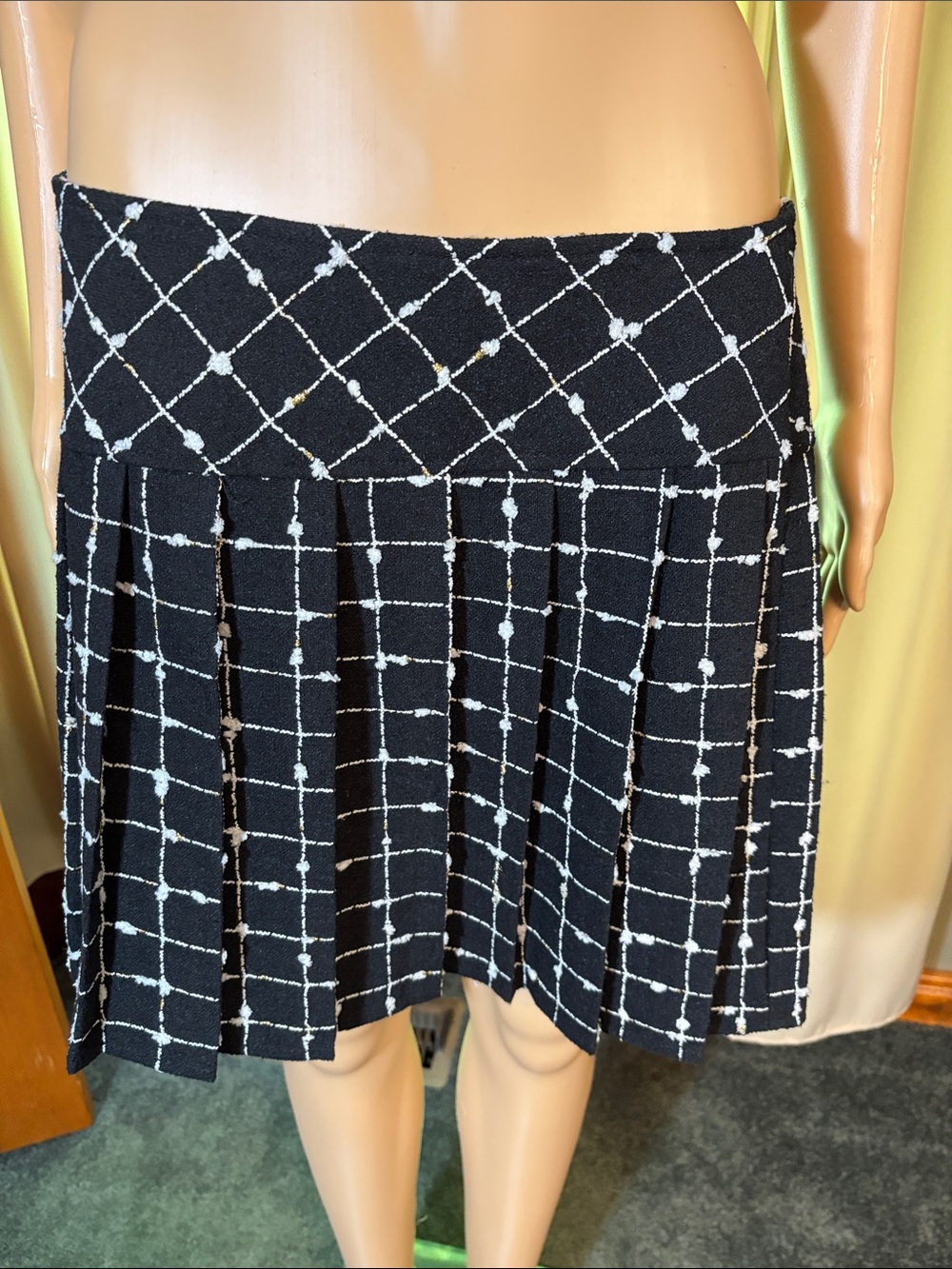 Black Grid Pleated Skater Skirt by
